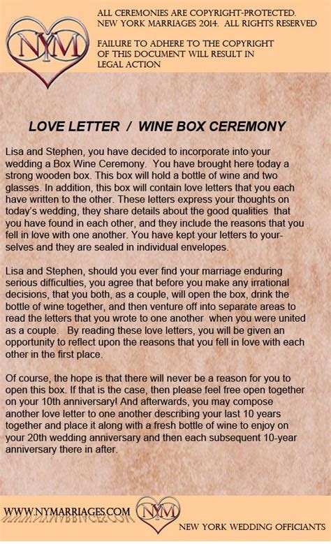 Formal recognition of the retirement of justices of the peace. Wine Box Love Letter Ceremony, Sample Wedding Ceremonies, New York Wedding Officiant, Long ...