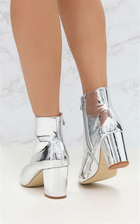 Silver High Shine Metallic Block Heel Ankle Boot Prettylittlething Ie