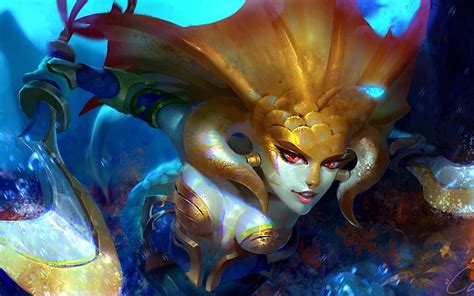 naga girl golden mermaid yellow dota blue luminos game fantasy hd wallpaper peakpx