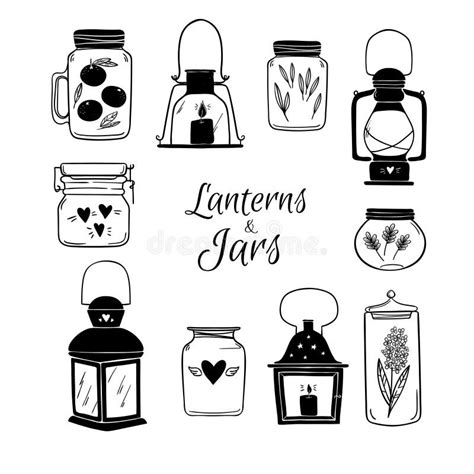 Hand Drawn Vector Illustration Set Of Lanterns And Jars Stock Vector