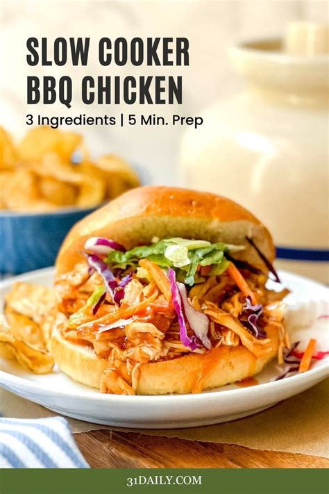 Easy Slow Cooker Bbq Chicken 3 Ingredients 5 Minutes Prep 31 Daily