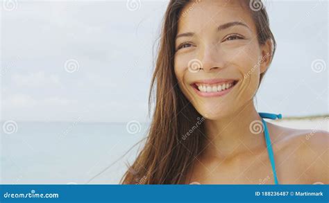Happy Healthy Bikini Girl Smiling On Summer Holiday Beach Vacation