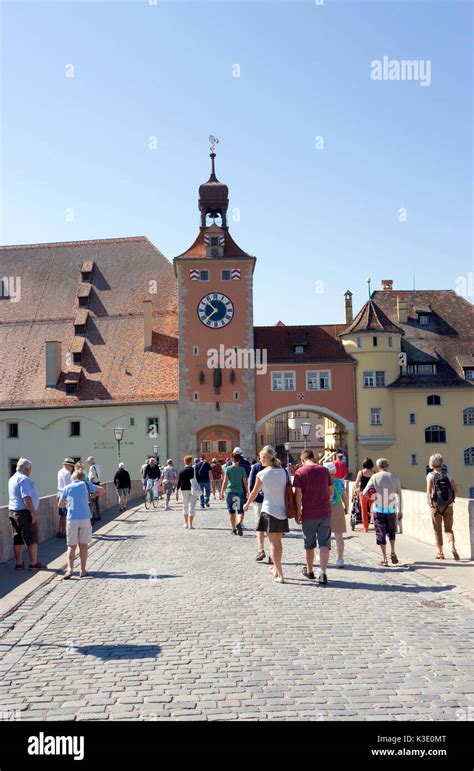 Regensburg Old Town Stone Bridge City Gate With Salt Barn Tourists