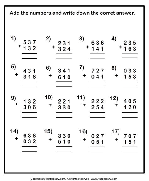 Worksheet On Addition Of 3 Digit Numbers