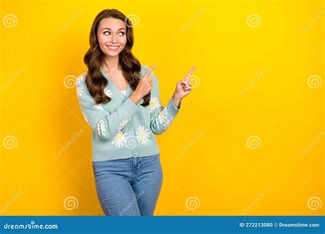 Portrait Of Cheerful Pretty Girl Look Indicate Fingers Empty Space