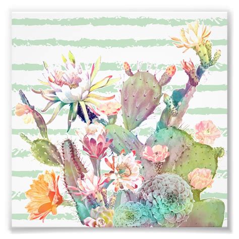 Watercolor Cactus Floral And Stripes Design Photo Print Zazzle