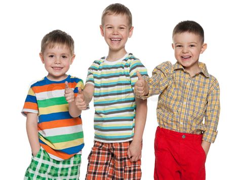 Three Happy Cute Boys Holding Thumbs Up Stock Image Colourbox