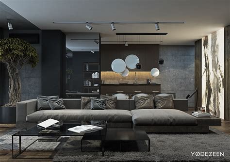 Penthouse living room and kitchen interior design, lounge with sofa and carpet, dining table, island with stools, parquet. A Dark and Calming Bachelor Bad with Natural Wood and Concrete