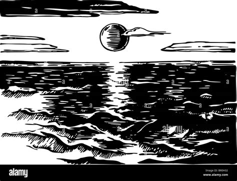 A Black And White Drawing Of The Ocean At Sunset Stock Photo Alamy