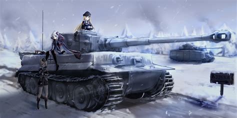 Women Trio Anime Anime Girls Girls Frontline Heels Uniform Tiger I Tank Snow Winter