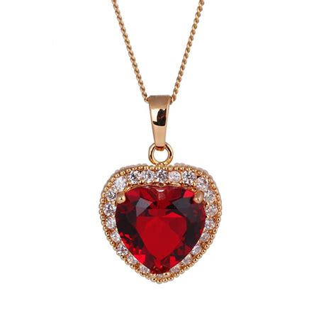Heart Shape Gold Plating Red Zircon Necklace For Women Womens Jewelry