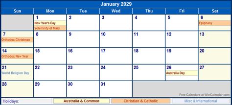 January 2029 Australia Calendar With Holidays For Printing Image Format