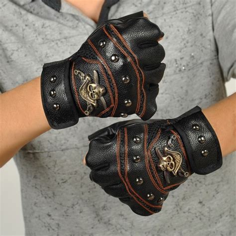 Bikight Skull Leather Skeleton Motorcycle Gloves Half Fingers Pirate