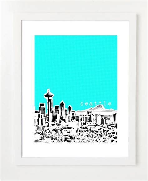 Seattle Skyline Print Mt Rainier City Skyline Poster Version 2