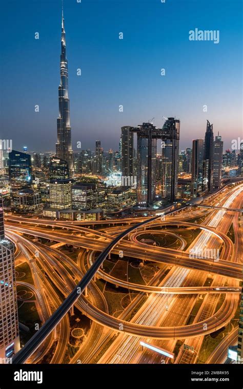 Dubai City Night Scene Stock Photo Alamy