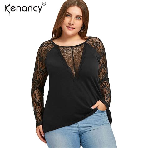 Kenancy 5xl Plus Size Sexy Floral Lace Trim Black T Shirt Women Lace