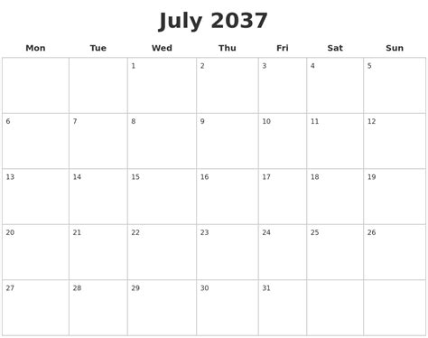 July 2037 Blank Calendar Pages