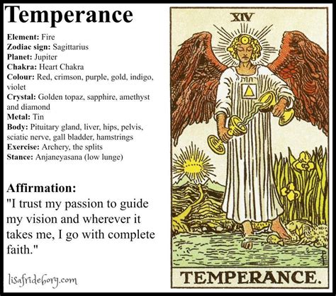 An optimistic card, temperance encourages you to find balance in your life and approach problems with a calm demeanour. Holistic Tarot Correspondences for Temperance #learningtarotcards #tarotcardsforbeginners ...