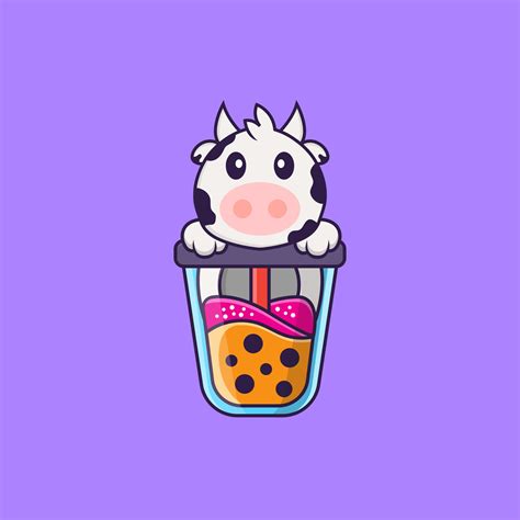 Cute Cow Drinking Boba Milk Tea Animal Cartoon Concept Isolated Can