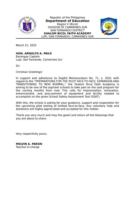 Sample Letter Of Request To Barangay Captain