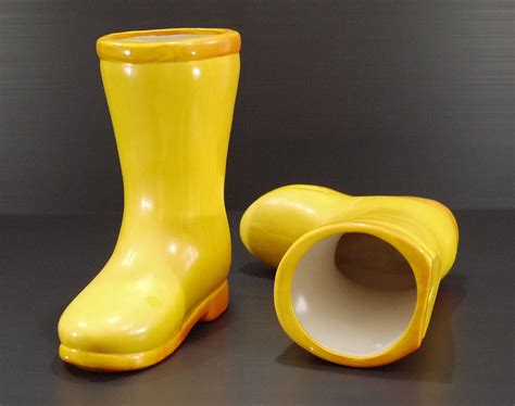 Pair of Vintage Rain Boots Planters Yellow French Ceramic