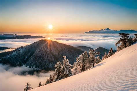 a beautiful sunrise over the snow covered mountains. AI-Generated