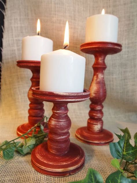 Farmhouse Red Wooden Candle Holder Set Of 3 Lathe Turned Made In