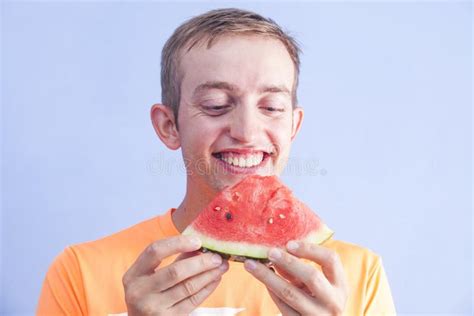 Young Handsome Man Eats Watermelon Stock Image Image Of Happy