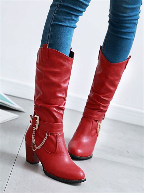 Women Wide Calf Boots Red Slip On Boots Round Toe Metal Detail Mid Calf