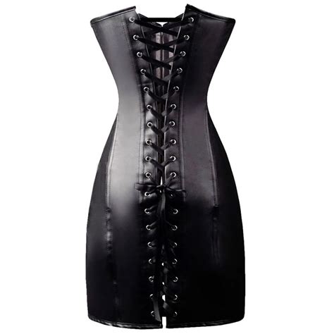 sexy steampunk gothic women lingerie harness black leather long corset dress latex bodysuit