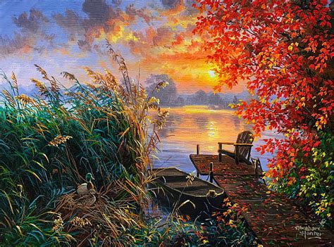 Lakeside Rest Reflection Art Painting Pier Autumn Lake Sunset Fall Beautiful Rest Hd
