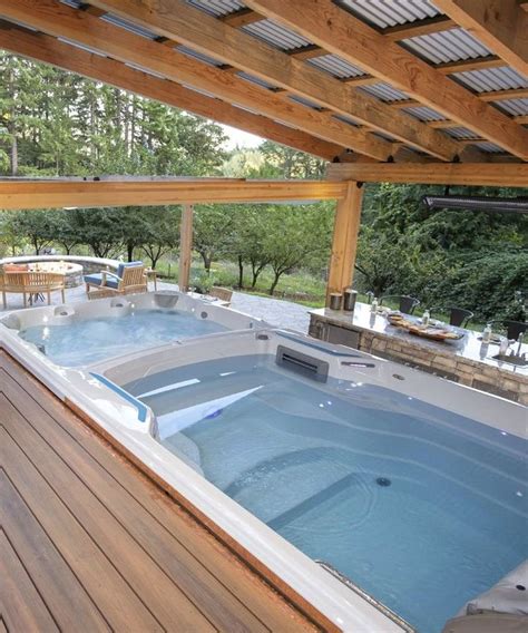 Swim Spa Deck Overlooks Dining And Firepit Modern Design Swim Spa