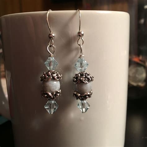Blue Swarovski Handmade Bead Jewellery Beaded Jewelry Drop Earrings
