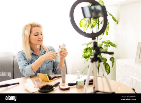 Female Vlogger Recording Broadcast At Home Stock Photo Alamy
