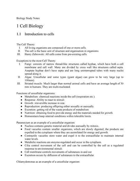 Introductory Molecular And Anatomical Year 1 Biology Notes BIOL 111