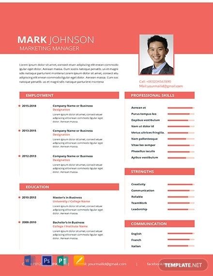 Timelines, horizontal bars, and neutral color accents bring a sense of order to the layout. 7+ Marketing CV Templates - Apple Pages, Google Docs, MS ...