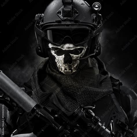 Portrait Closeup Of A Elite Special Forces Military Soldier Equipped With Battle Armor Advanced