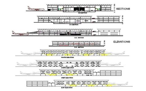 Elevation And Sectional Detail Of Airport Structure 2d View Layout