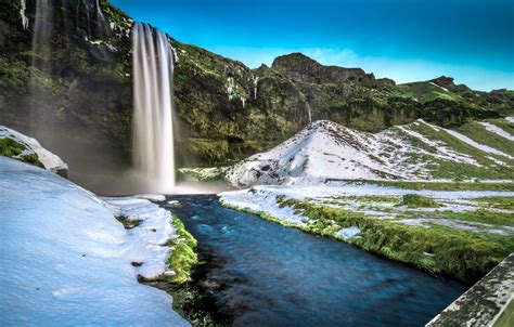 Wallpaper Grass Snow Bridge Rocks Waterfall Iceland