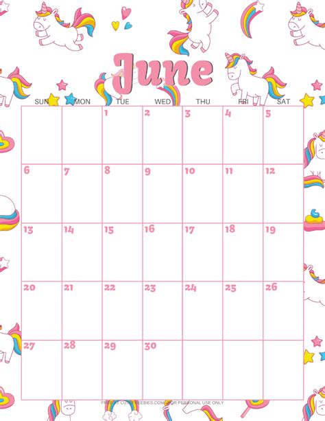 June 2021 Calendar Printable Unicorns Cute Freebies For You