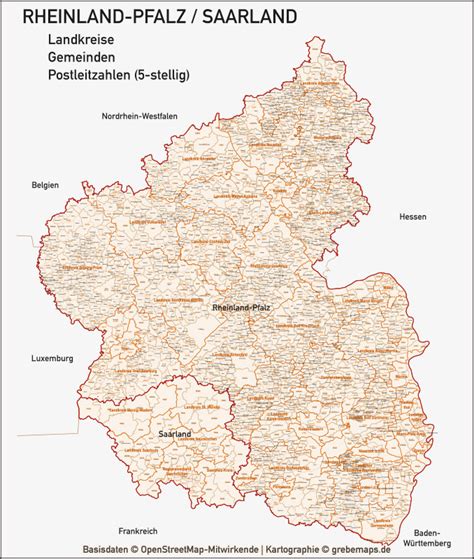 Rheinland Pfalz Saarland Vektorkarte Landkreise Gemeinden Plz 5