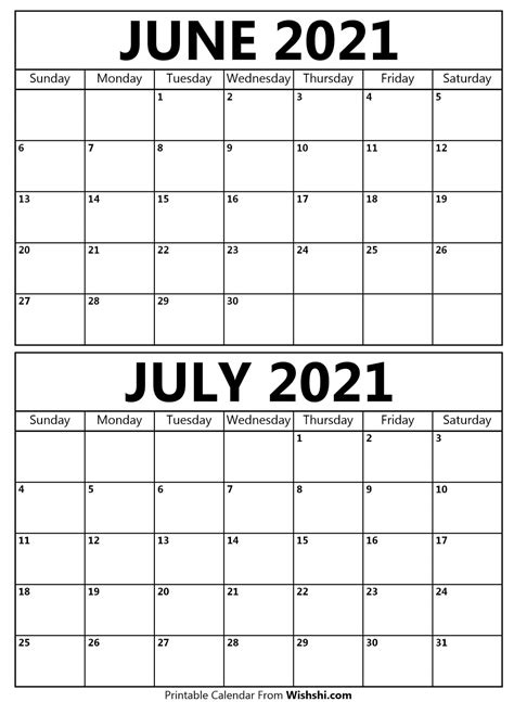 Only print the required months Printable June July 2021 Calendar - Free Printable ...