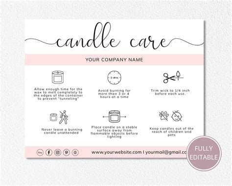 Editable Candle Care Card I Editable Canva Template I Instructions Care