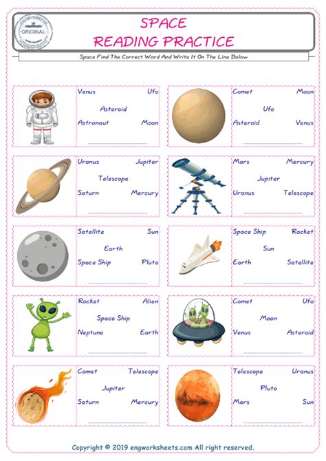 space esl printable english vocabulary worksheets