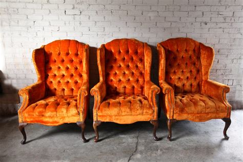 3 Vintage Orange Velvet Tufted Wingback Chairs