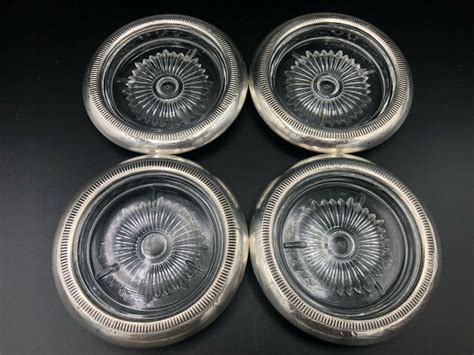 Set Of 4 Vintage Sterling Silver And Glass Rim Coasters 3 Dia Inside 4