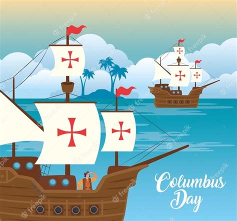 Dibujos Animados De Cristóbal Colón En Barco En El Mar Diseño De Feliz