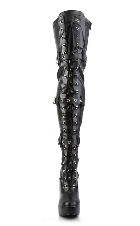 Pleaser Electra 3028 Black Vegan Leather Thigh High Boots