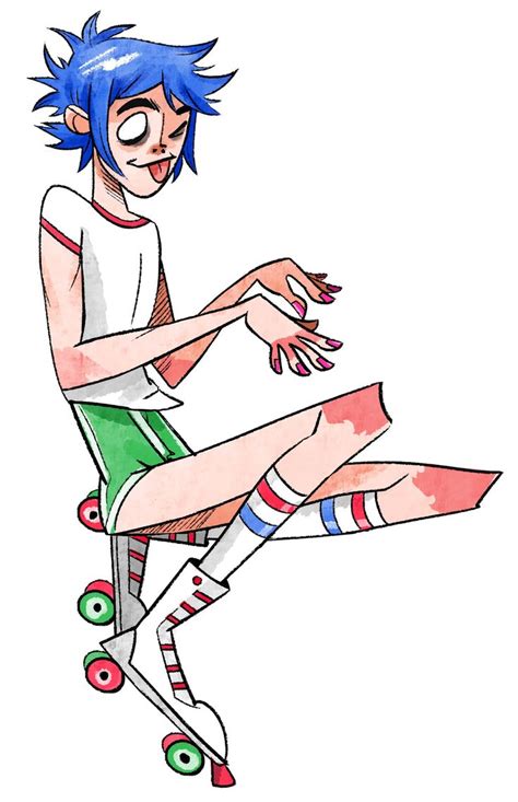 A Drawing Of A Person With Blue Hair Riding On A Skateboard And Holding