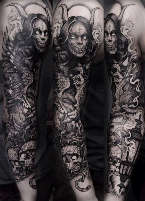 Black And White Skull Sleeve Tattoos